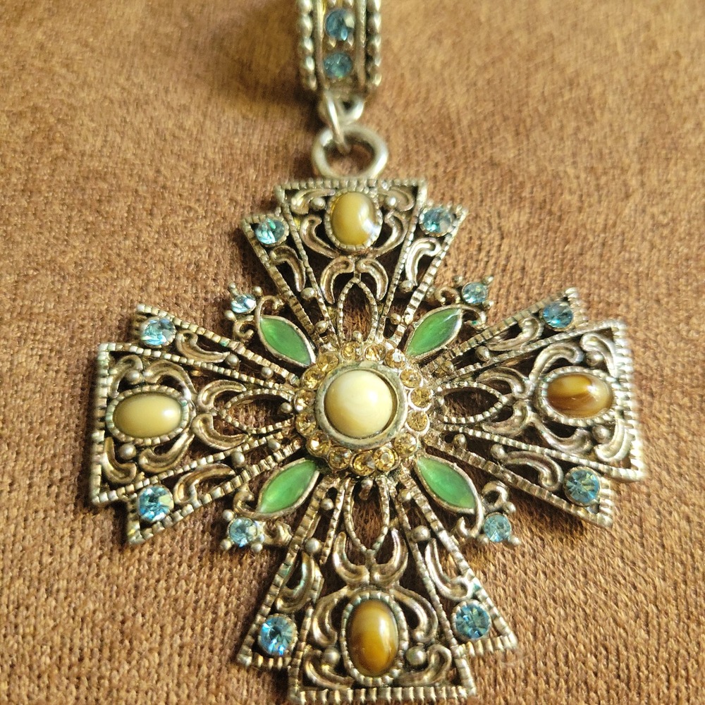 Vintage Style Silver Filigree Cross Pendant Blue Green Stones  Whimsical‎